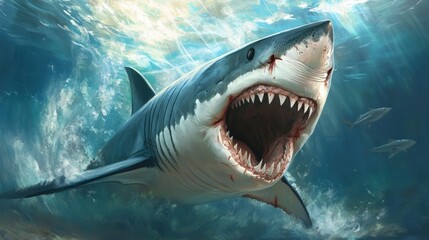 Naklejka premium A large shark lunges forward, its mouth wide open and teeth exposed in a fearsome underwater scene