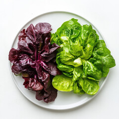 Overhead view of red and green butter lettuce on a white round plate