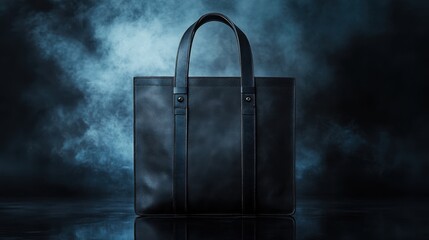A leather tote bag in deep black, positioned against a dark background with soft reflections for a luxurious look