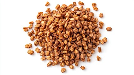 Roasted buckwheat groats pile isolated on white.