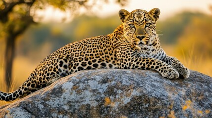 Obraz premium A leopard's muscular body is at ease on a boulder, its gaze locked on the distant prey roaming the plains
