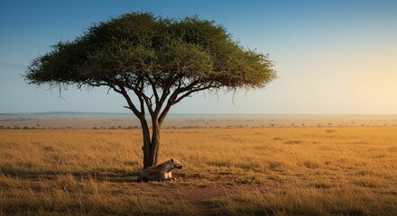 Obraz premium Hyena resting under acacia in Serengeti.