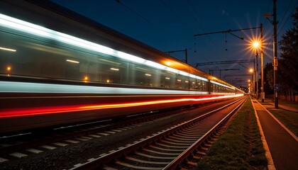 Naklejka premium Long-Exposure Shot of a Speeding Train, Motion Blur Effect, Dynamic Night Travel