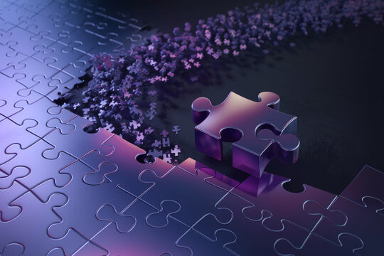Metallic puzzle pieces, one piece separate, others scattered, showing solution concept. Symbolizes problem-solving, connection, completion, and teamwork