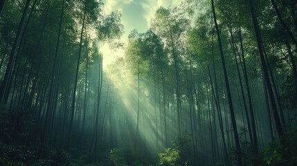 Obraz premium Sunlight streams through misty bamboo forest