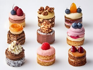 A delectable assortment of twelve miniature gourmet cakes and pastries artfully arranged on a pristine white background.