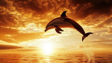 A lone dolphin jumps in front of a dramatic sunset, its body perfectly outlined against the fiery sky