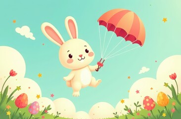 Obraz premium Cute bunny with easter egg flying with a parapente. High quality illustration