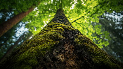 苔に覆われた幹を見上げて捉える森の奥行きと命の連なり
