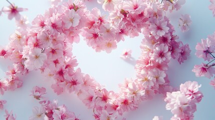 Fototapeta premium A lush arrangement of cherry blossoms forming a heart shape on a white surface, symbolizing happiness and renewal