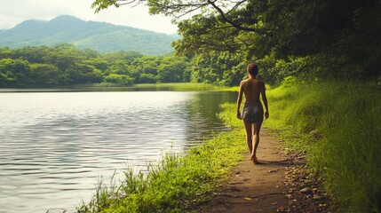 Peaceful barefoot stroll along a serene lake, surrounded by nature