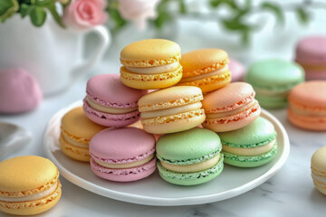 Obraz premium Assorted pastel macarons on elegant white plate with floral background