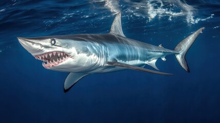 Fototapeta premium A mako shark flashes its deadly teeth as it opens its mouth wide, surrounded by deep blue ocean currents