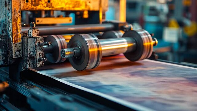Industrial printing press in action, producing vibrant images with machinery in a busy workshop