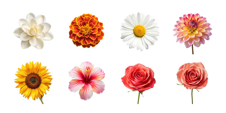 Set of various beautiful blooming flowers isolated on transparent background.
