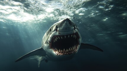 Fototapeta premium A menacing shark swimming forward with its mouth open, revealing rows of deadly teeth in an intense oceanic scene