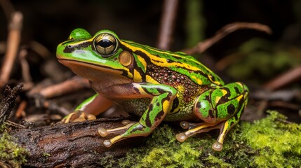 Obraz premium Vibrant Green and Golden Bell Frog Resting on Moss-Covered Branch in Rainforest. Camouflaged Amphibian Blending with Lush Natural Habitat.