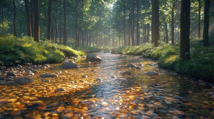 Fototapeta premium Sunny forest stream flowing through mossy woods