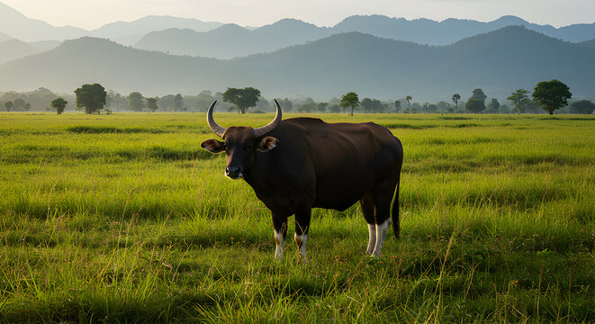  Majestic Kouprey in Verdant Southeast Asian Grasslands during Golden Hour