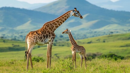 Obraz premium A mother giraffe bends down to nuzzle her calf as they stand together in a vast, green landscape with mountains in the background