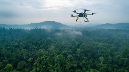 An AI driven autonomous drone system surveying remote forests for conservation and research purposes with real time data collection, Environmental research style, photo of