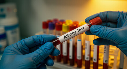 Allergy test vials in laboratory setting with gloved hands