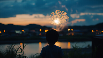 花火の音に立ち止まる子供と静けさの中の夏の響き
