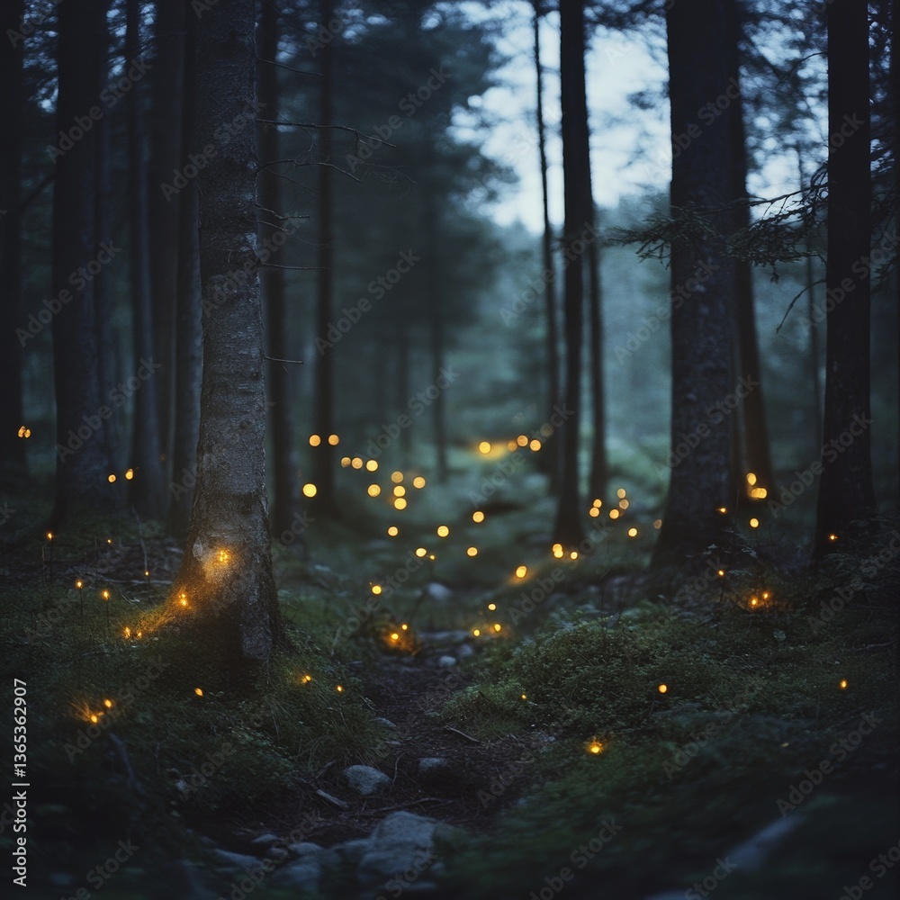 Poster Enchanted Forest Trail: A mystical woodland path illuminated by fireflies, creating a magical and ethereal atmosphere deep in the trees.