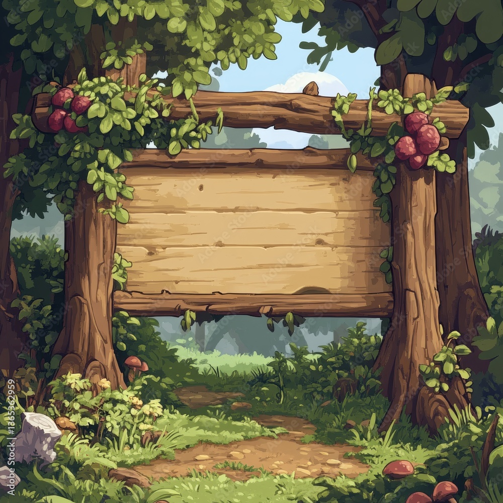 Poster enchanting forest path with wooden sign: a gateway to adventure and tranquility awaits in the lush, 