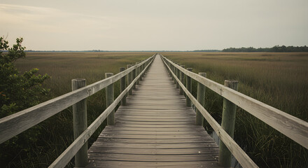 Obraz premium Wooden pathway extends into the distance across marshland under a serene sky