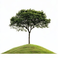 Fototapeta premium Lone Tree on Grassy Mound: A Serene Landscape of Green and Brown Against a Clear White Background