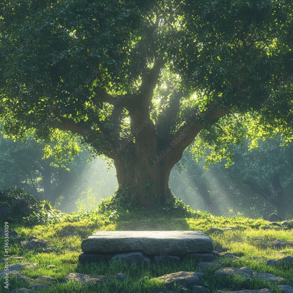 Poster majestic tree radiating sunlight on a stone platform in a lush forest setting, creating a tranquil a