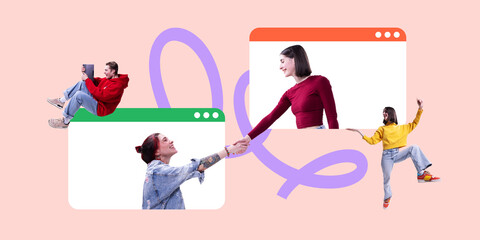 Conceptual artwork. Individuals connect across browser frames, extending hands in virtual handshake to symbolize remote partnerships, trust, and teamwork. Business collaboration, outsourcing concept
