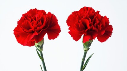 Obraz premium A pair of red carnations with delicate petals, beautifully displayed on a white background, symbolizing love and good fortune