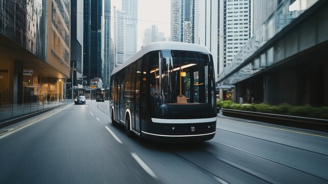 An AI driven autonomous public transport bus using advanced sensors and algorithms to ensure safe travel through crowded city streets, Smart transport style, photo of