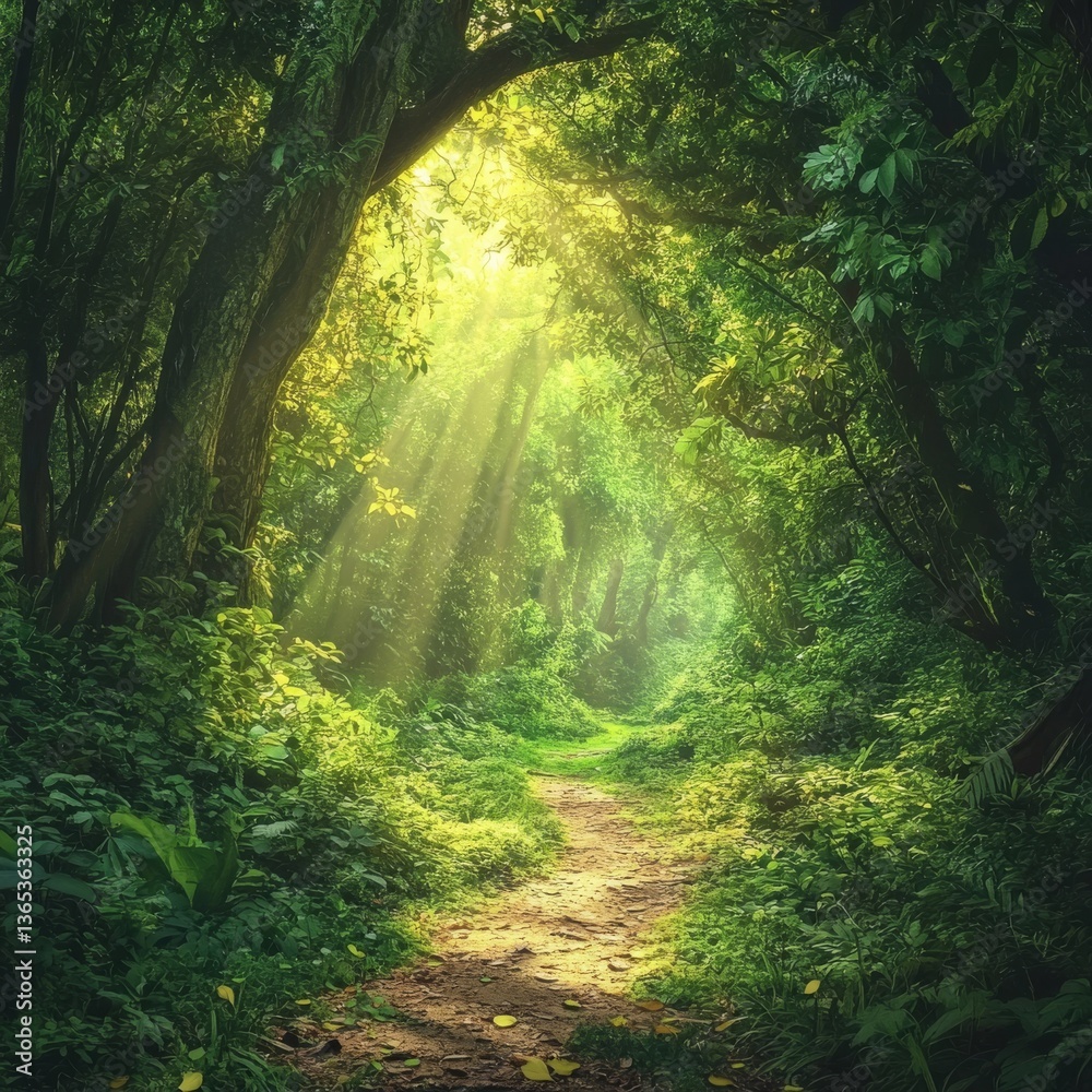 Poster sunlit path through a lush green forest canopy: nature's serene pathway beckons exploration and tran