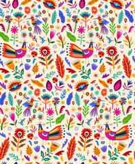 Mexican folk seamless pattern with birds and flowers. Mexican ornament decor. 