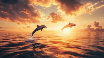 Naklejka premium A perfect golden sunset serves as a backdrop for playful dolphins leaping gracefully through the calm sea