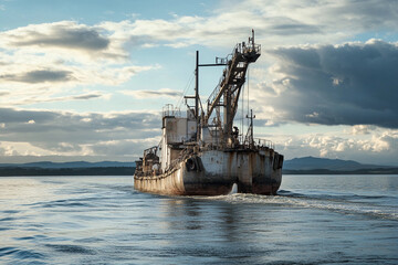 Old fishing vessel navigating calm waters under a cloudy sky at sunset in a coastal region