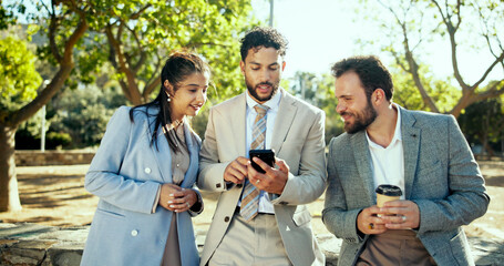 Nature, phone and team of business people in park for walking to work with coffee and email. Outdoor, cellphone and group of finance advisors with report of investment for company with commute.
