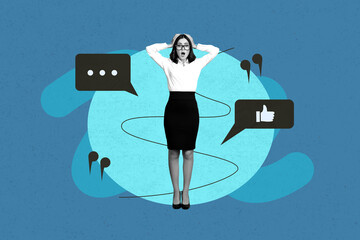 Composite art 3d creative image collage of shocked girl stand thumb up icon bubble notification...