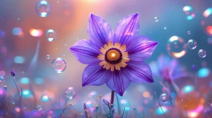 The image depicts a vibrant purple flower with delicate petals and a golden center, surrounded by iridescent bubbles in a dreamy background with soft, diffused lighting.