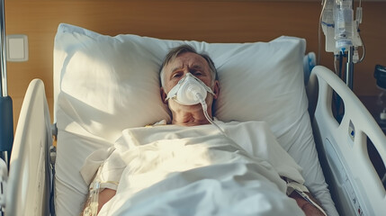 Sick elderly man lying in a hospital bed, wearing an oxygen mask and machine, Oxygen mask for breathing medication with machine
