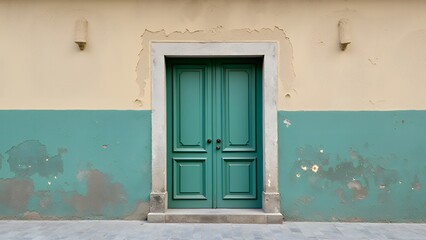 年季の入ったティールグリーンの木製ダブルドア