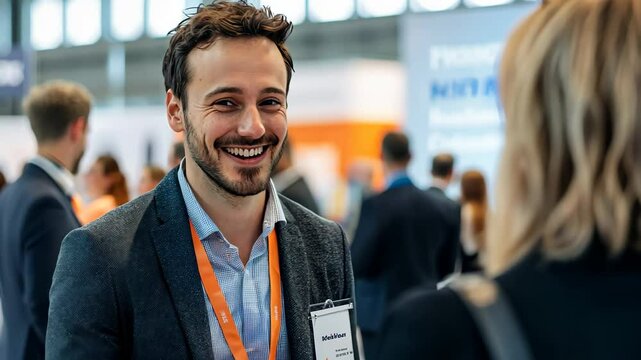 Networking and connection of Business professionals in elegant attire engage in lively conversation at a trade show, showcasing mutual interest and professional camaraderie.