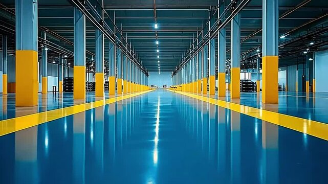 Modern Industrial Warehouse Interior with Symmetrical Layout and Glossy Blue Floor