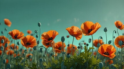 Obraz premium A field of glowing orange poppies against a cool mint green background, surreal spring aesthetic 
