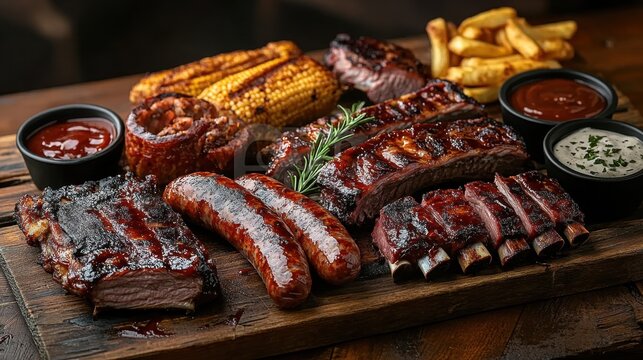 A rustic BBQ pork spread with multiple cuts of ribs, sausages, and chops, served on a wooden table with dipping sauces
