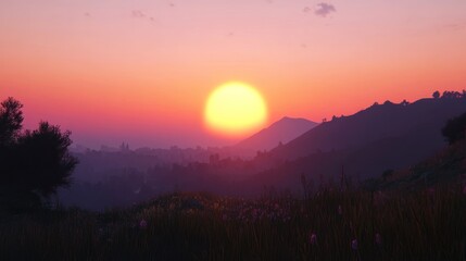 Obraz premium Beautiful sunset over the mountains with a view of the landscape
