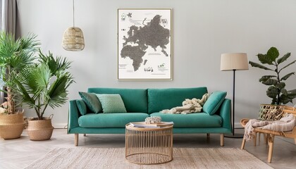 Fototapeta premium Stylish scandinavian living room interior with design mint sofa, furnitures, mock up poster